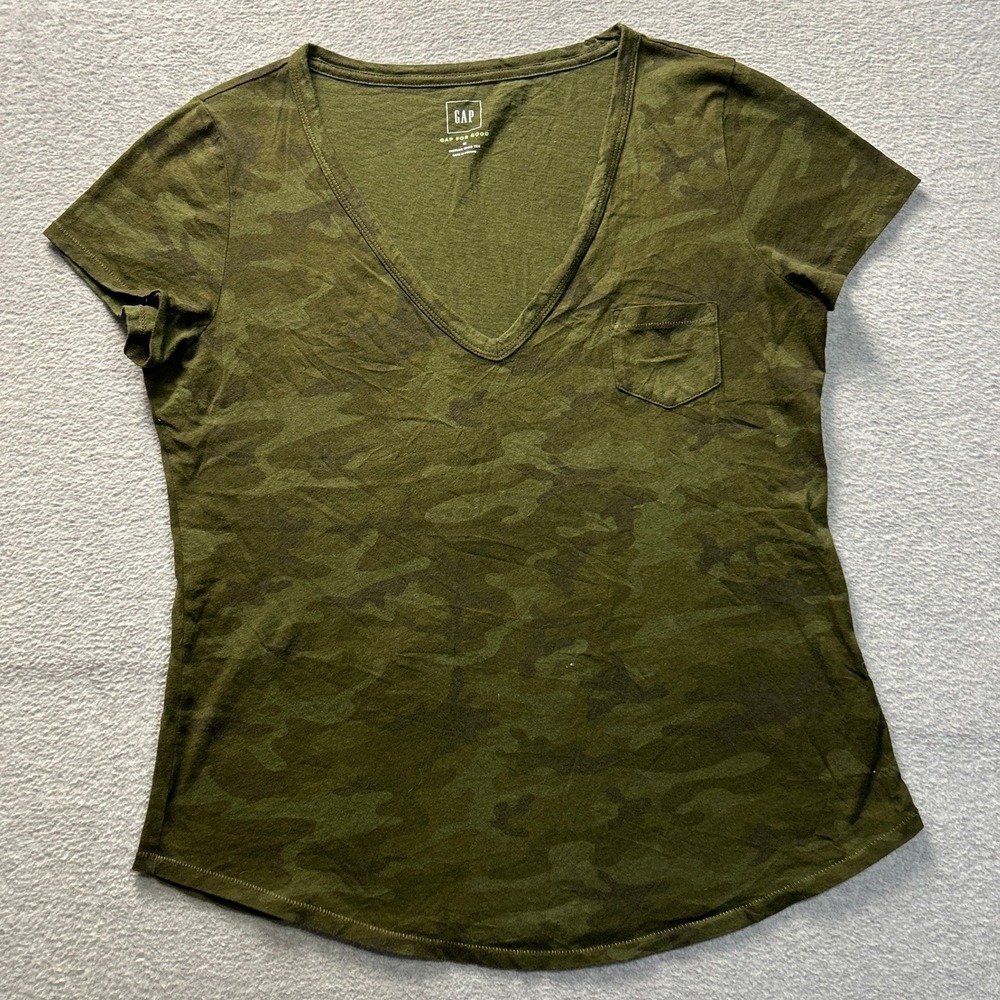 GAP V Neck Pocket Tee Womens Medium Camo Olive Green Vintage Wash Top Military